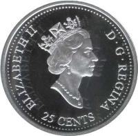 obverse of 25 Cents - Elizabeth II - Harmony (2000) coin with KM# 377a from Canada. Inscription: ELIZABETH II D · G · REGINA 25 CENTS