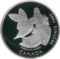 reverse of 50 Cents - Elizabeth II - Atlantic Puffin (1995) coin with KM# 261 from Canada. Inscription: Fratercula arctica CANADA 50 CENTS 1995