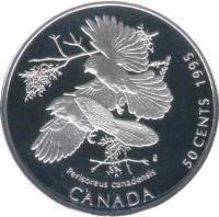 reverse of 50 Cents - Elizabeth II - Gray Jays (1995) coin with KM# 263 from Canada. Inscription: Perisoreus canadensis CANADA 50 CENTS 1995