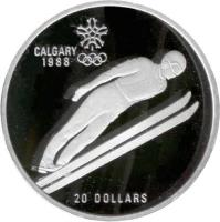 reverse of 20 Dollars - Elizabeth II - Ski Jump (1987) coin with KM# 159 from Canada. Inscription: CALGARY 1988 20 DOLLARS