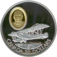 reverse of 20 Dollars - Elizabeth II - Curtiss JN-4 Canuck (1992) coin with KM# 224 from Canada. Inscription: CANADA 20 DOLLARS