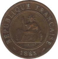 obverse of 1 Centime (1879 - 1885) coin with KM# 3 from French Cochinchina. Inscription: RÉPUBLIQUE FRANCAISE . 1885 . A