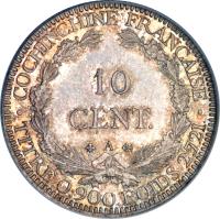 reverse of 10 Centimes (1879 - 1885) coin with KM# 4 from French Cochinchina. Inscription: COCHINCHINE FRANCAISE 10 CENT A TITRE 0,900 POIDS 2,721