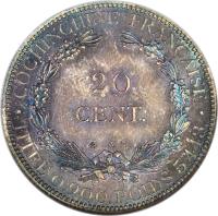 reverse of 20 Centimes (1879 - 1885) coin with KM# 5 from French Cochinchina. Inscription: COCHINCHINE FRANCAISE 20 CENT A TITRE 0,900 POIDS 5,443