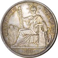 obverse of 50 Centimes (1879 - 1885) coin with KM# 6 from French Cochinchina. Inscription: REPUBLIQUE FRANÇAISE 1879 BARRE