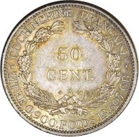 reverse of 50 Centimes (1879 - 1885) coin with KM# 6 from French Cochinchina. Inscription: COCHINCHINE FRANÇAISE 50 CENT. A TITRE 0,900.POIDS 13,607 GR.