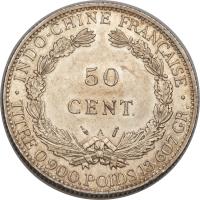 reverse of 50 Centimes (1885 - 1895) coin with KM# 4 from French Indochina. Inscription: · INDO-CHINE FRANÇAISE · TITRE 0,900.POIDS 13,607 GR.