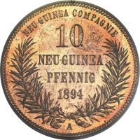 reverse of 10 Pfennig - Wilhelm II (1894) coin with KM# 3 from German New Guinea. Inscription: NEU-GUINEA COMPAGNIE 10 NEU-GUINEA PFENNIG 1894 A