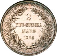 reverse of 2 Mark - Wilhelm II (1894) coin with KM# 6 from German New Guinea. Inscription: NEU-GUINEA COMPAGNIE 2 NEU-GUINEA MARK 1894 A