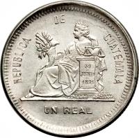 reverse of 1 Real (1883 - 1893) coin with KM# 153a from Guatemala. Inscription: REPUBLICA DE GUATEMALA 1 REAL