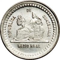 reverse of 1/2 Real (1880 - 1890) coin with KM# 155 from Guatemala. Inscription: REPUBLICA DE GUATEMALA MEDIO REAL