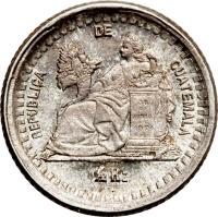 reverse of 1/2 Real (1879 - 1880) coin with KM# 152 from Guatemala. Inscription: REPUBLICA DE GUATEMALA 1/2 Rs