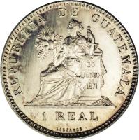 reverse of 1 Real (1894 - 1898) coin with KM# 166 from Guatemala. Inscription: REPUBLICA DE GUATEMALA 30 DE JUNIO DE 1871 1 REAL