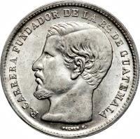 obverse of 1 Peso (1869 - 1871) coin with KM# 190 from Guatemala. Inscription: R.CARRERA FUNDADOR DE LA RCA. GUATEMALA