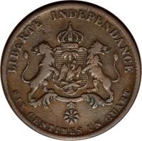 reverse of 6 1/4 Centimes - Faustin I - Imperial Coinage (1850) coin with KM# 38 from Haiti. Inscription: LIBERTE INDEPENDANCE SIX CENTIMES UN QUART