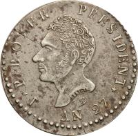 obverse of 100 Centimes (1829 - 1833) coin with KM# A23 from Haiti. Inscription: J*P*BOYER PRESIDENT* AN 26