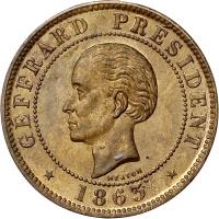 obverse of 10 Centimes (1863) coin with KM# 40 from Haiti. Inscription: GEFFRARD PRESIDENT 1863