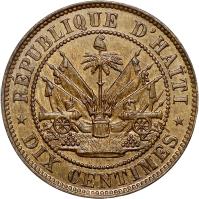 reverse of 10 Centimes (1863) coin with KM# 40 from Haiti. Inscription: REPUBLIQUE D'HAITI DIX CENTIMES