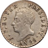 obverse of 50 Centimes (1827 - 1833) coin with KM# 20 from Haiti. Inscription: J.P.BOYER PRESIDENT AN 26