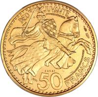 reverse of 50 Francs - Ranier III (1950) coin with KM# E32 from Monaco. Inscription: DEO JUVANTE 50 FRANCS