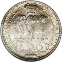 obverse of 20 Lire (1931 - 1936) coin with KM# 11 from San Marino. Inscription: REPVBLICA · · DI · S · MARINO E. SAROLDI A.M. INC. L.20 R