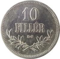 reverse of 10 Fillér - Franz Joseph I (1914 - 1916) coin with KM# 494 from Hungary. Inscription: 10 FILLÉR K · B