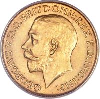 obverse of 1 Sovereign - George V (1923 - 1928) coin with KM# 21 from South Africa. Inscription: GEORGIVS V D.G.BRITT:OMN:REX F.D.IND:IMP: