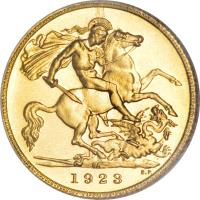 reverse of 1/2 Sovereign - George V (1923 - 1926) coin with KM# 20 from South Africa. Inscription: 1923