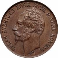 obverse of 5 Öre - Oscar I (1857 - 1858) coin with KM# 690 from Sweden. Inscription: OSCAR SVERIGES NORR. GOTH. O. VEND. KONUNG.