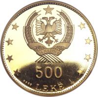 obverse of 500 Lekë - Prince Skanderbeg (1968 - 1970) coin with KM# 56 from Albania. Inscription: 24 MAJ 1944 1970 500 LEKË 1955 900