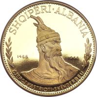 reverse of 500 Lekë - Prince Skanderbeg (1968 - 1970) coin with KM# 56 from Albania. Inscription: SHQIPËRI · ALBANIA 1468 1968 GJERGJ KASTRIOTI · SKËNDERBEU