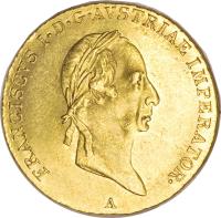 obverse of 1 Ducat - Franz I - Trade Coinage (1825 - 1831) coin with KM# 2171 from Austria. Inscription: FRANCISCVS I · D · G · AVSTRIAE IMPERATOR · A