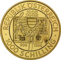 reverse of 1000 Schilling - Ostarrichi - Otto III (1996) coin with KM# 3037 from Austria. Inscription: REPUBLIK ÖSTERREICH 1000 Jahre 996 1996 1000 SCHILLING