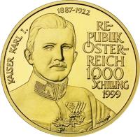 reverse of 1000 Schilling - Kaiser Karl I (1999) coin with KM# 3062 from Austria. Inscription: KAISER KARL I. 1887-1922 RE- PUBLIK ÖSTER- REICH 1000 SCHILLING 1999