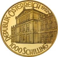 obverse of 1000 Schilling - Strauss (1992) coin with KM# 3008 from Austria. Inscription: REPUBLIK ÖSTERREICH 1992 1000 SCHILLING