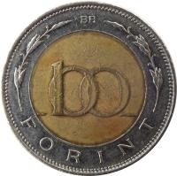 reverse of 100 Forint (1996 - 2011) coin with KM# 721 from Hungary. Inscription: BP. 100 FORINT