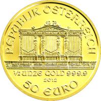 reverse of 50 Euro - Vienna Philharmonic (2002 - 2013) coin with KM# 3094 from Austria. Inscription: REPUBLIK OSTERREICH ½ UNZE GOLD 999.9 2012 50 EURO