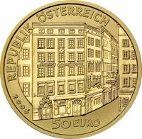 reverse of 50 Euro - Mozart (2006) coin with KM# 3130 from Austria. Inscription: REPUBLIK ÖSTERREICH Mozarts Geburtshaus 2006 50 EURO H.WÄHNER