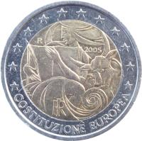 obverse of 2 Euro - European Constitution (2005) coin with KM# 245 from Italy. Inscription: COSTITUZIONE EUROPEA RI 2005 R MCC