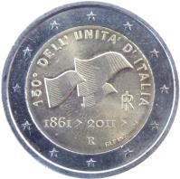 obverse of 2 Euro - Unification of Italy (2011) coin with KM# 338 from Italy. Inscription: 150° DELL' UNITA’ D’ITALIA RI 1861 > 2011 >> R ELF INC.