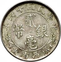 obverse of 2 Jiao (1926 - 1927) coin with Y# 415b from China. Inscription: 年六十國民華中 　　　　貳 　　幣　　銀 　　　　毫 造　省　西　廣