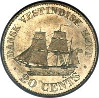 reverse of 20 Cents - Christian IX (1878 - 1879) coin with KM# 71 from Danish West Indies. Inscription: DANSK VESTINDISK MØNT 20 CENTS