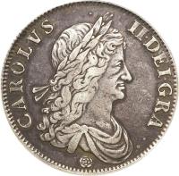 obverse of 1 Crown - Charles II (1662) coin with SP# 3351 from England. Inscription: CAROLVS · II · DEI · GRATIA .