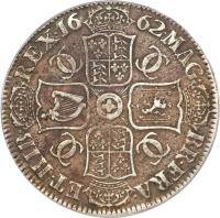 reverse of 1 Crown - Charles II (1662) coin with SP# 3351 from England. Inscription: MAG · BR · FRA · ET · HIB · REX · 16 62 · CC CC CC CC