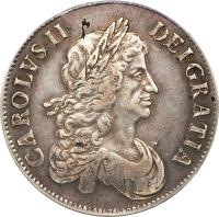 obverse of 1 Crown - Charles II - 2'nd Portrait (1664 - 1666) coin with SP# 3355 from England. Inscription: CAROLVS · II · DEI · GRATIA