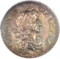 obverse of 1/2 Crown - Charles II (1666 - 1672) coin with SP# 3366 from England. Inscription: CAROLVS · II · DEI · GRATIA