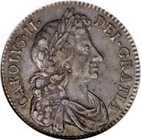 obverse of 1/2 Crown - Charles II - 4'th Portrait (1672 - 1684) coin with SP# 3367 from England. Inscription: CAROLVS · II · DEI · GRATIA