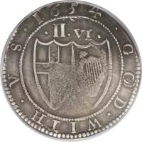 reverse of 1/2 Crown - The Commonwealth of England (1649 - 1660) coin with SP# 3215 from England. Inscription: · GOD · WITH · V S · 1654