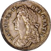 obverse of 1 Shilling - James II (1685 - 1688) coin with SP# 3410 from England. Inscription: IACOBVS · II · DEI · GRATIA