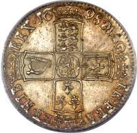 reverse of 1/2 Crown - William III (1696 - 1701) coin with SP# 3494 from England. Inscription: 16 98 · MAG BR · FRA ET · HIB REX ·